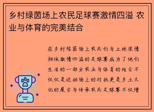 乡村绿茵场上农民足球赛激情四溢 农业与体育的完美结合