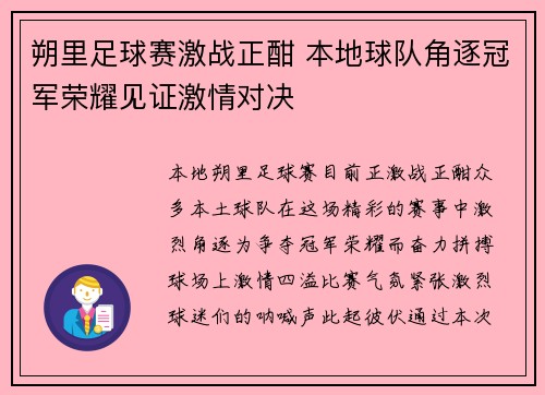 朔里足球赛激战正酣 本地球队角逐冠军荣耀见证激情对决