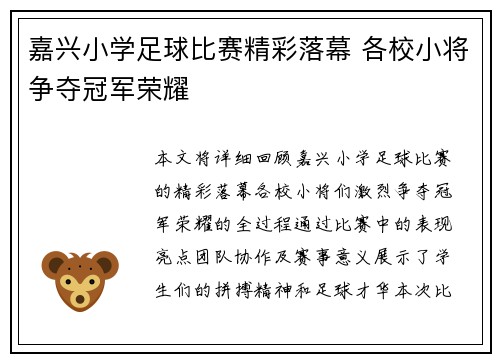 嘉兴小学足球比赛精彩落幕 各校小将争夺冠军荣耀